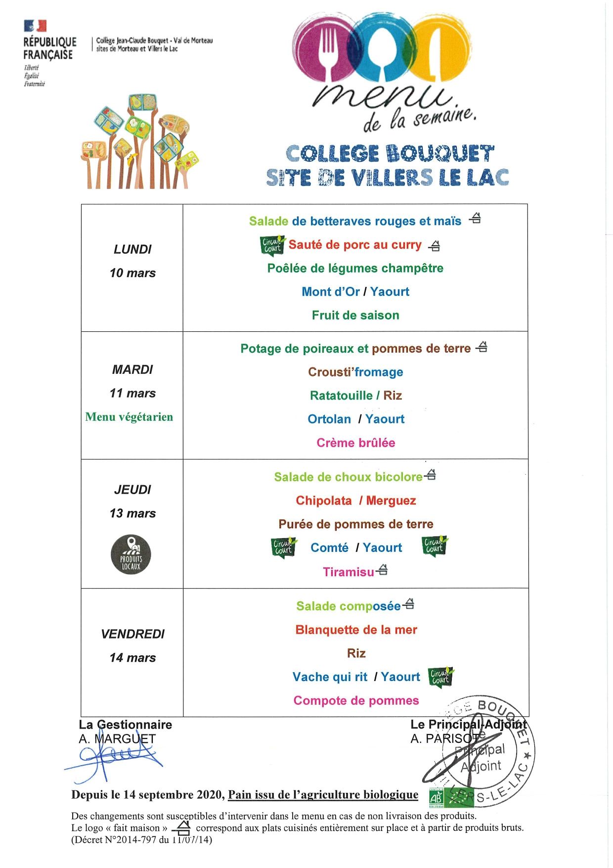 Menu De La Cantine Scolaire   Collège    Du  10 Au 14 Mars Page 0001